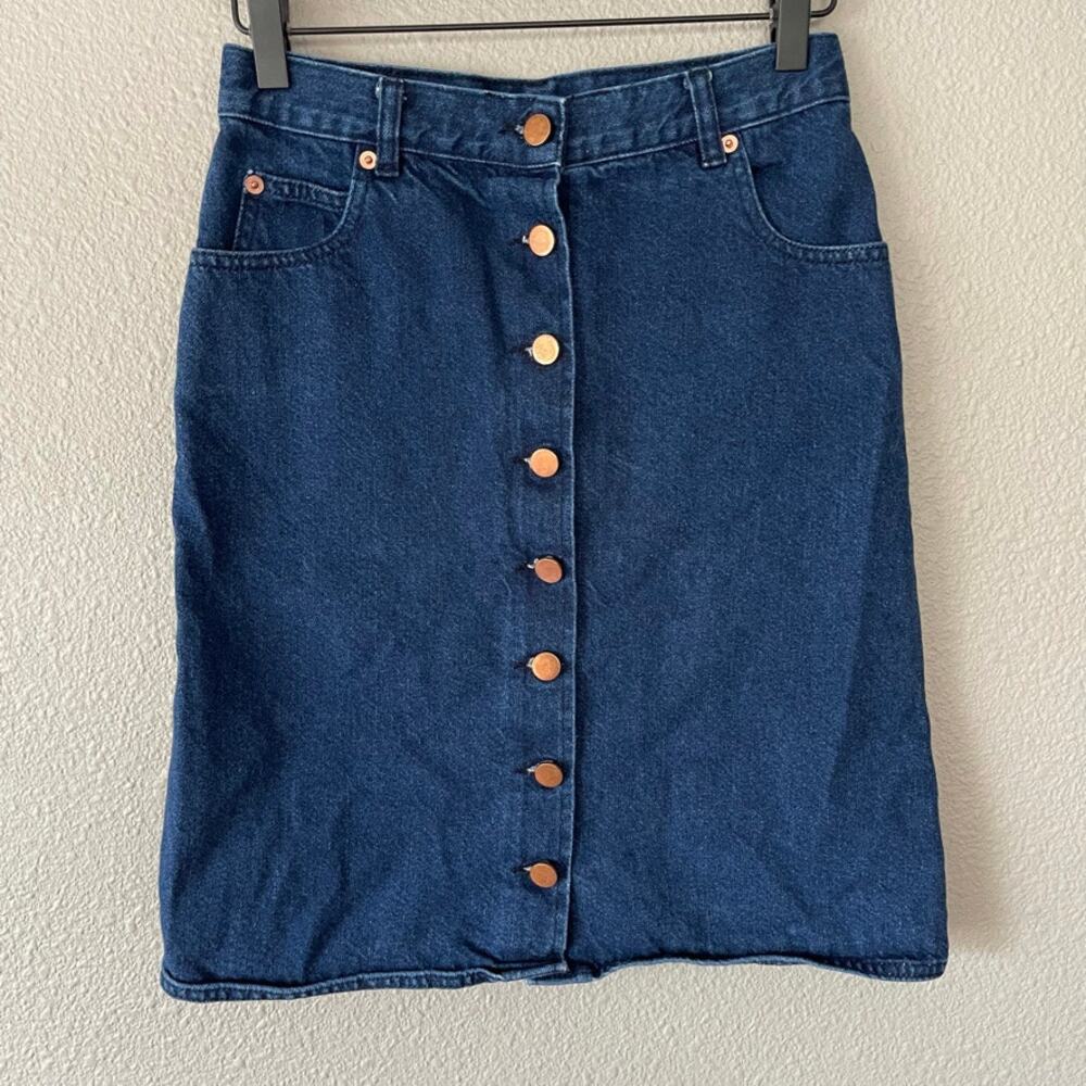 Asos Full Button Front Straight Cotton Blue Denim Jean Pockets Womens Skirt 4 - Picture 1 of 4